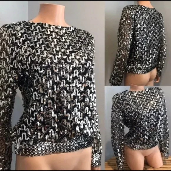 Vtg 80s Black Blouse w/Metallic Silver Sequins, Sz M - Picture 1 of 7